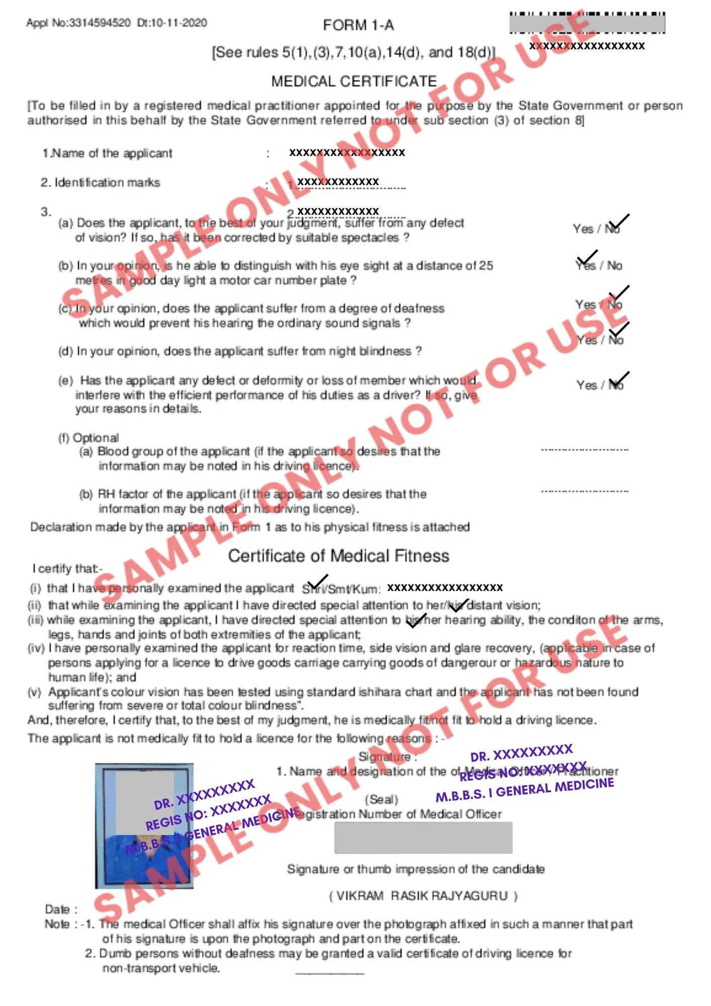 Sample of Form 1A Medical Certificate